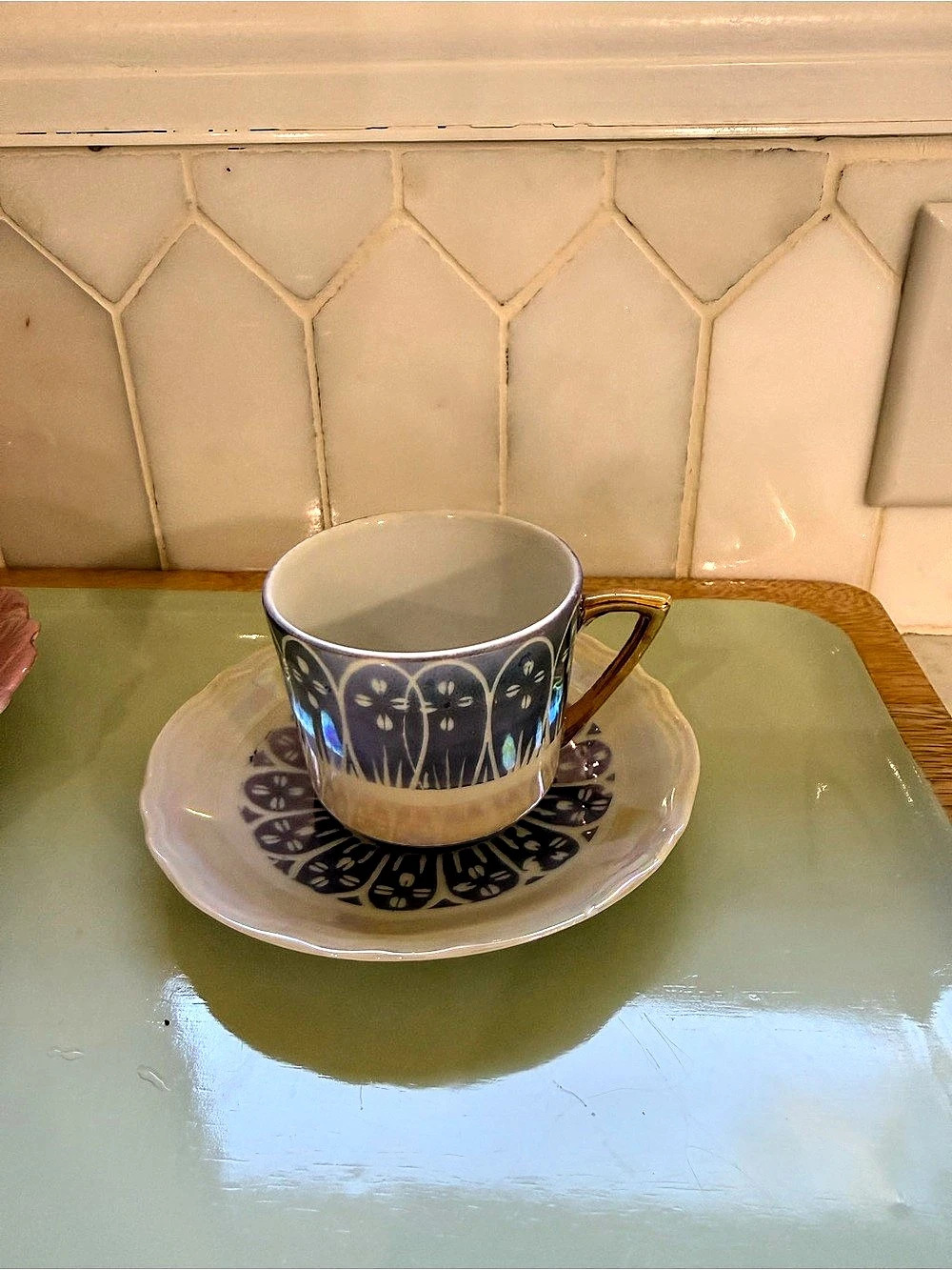 Vintage Blue & White Geometric Teacup and Saucer